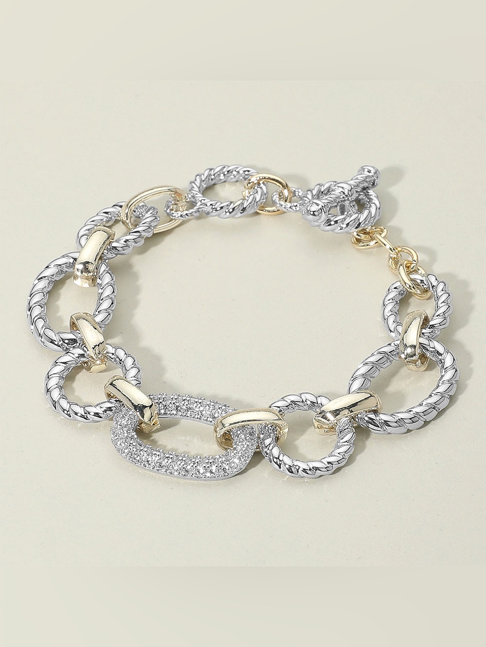 14K Gold Plated CZ Stone Paved Link Accent Two Tone Chunky Chain Link Bracelet